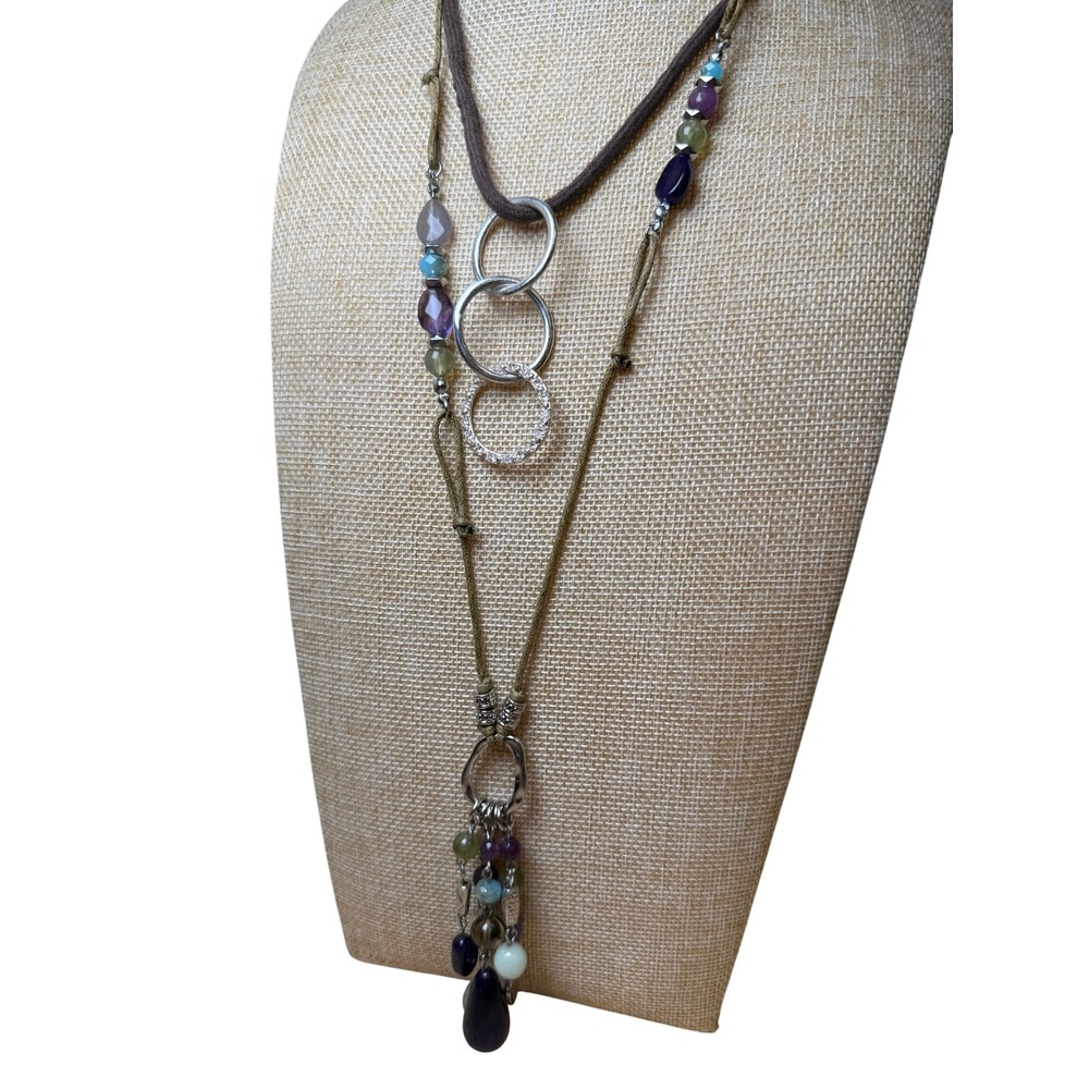1946 Silver Tone Amethyst Quartz Layered Necklace Boho Tassel Set